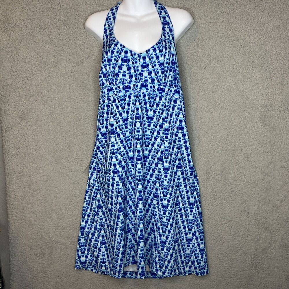 Athleta Coastal Halter Cinched Back Blue Athletic Stretch Dress Size 12 Pockets